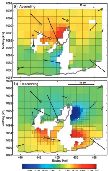 Figure 4. Subsampled unwrapped InSAR data from (a) ascending and (b) descending interferograms showing the LOS displacement of the ground towards the satellite