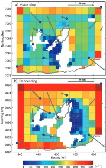 Figure 5. The weights of the InSAR and GPS data points. The arrow colour shows the weight of each of the two horizontal components of the GPS data and the coloured circles the weight of the vertical component.