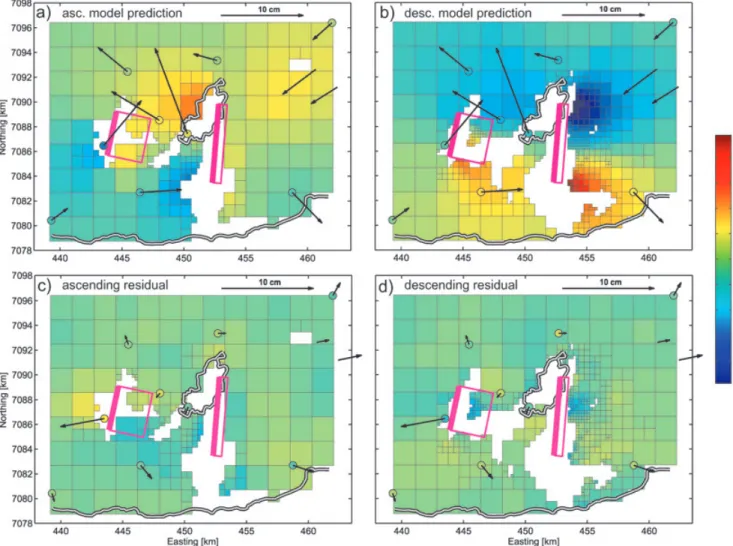 Figure 7. Model predictions of the best-fitting models for (a) the ascending and (b) the descending LOS and GPS displacements