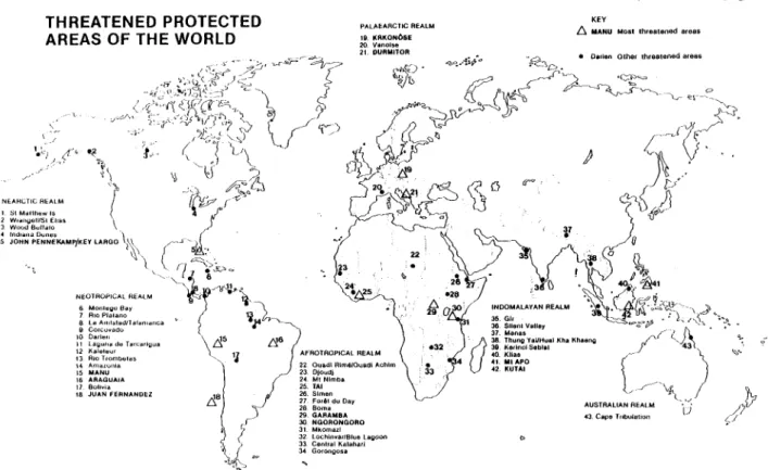 FIG. 1. Map locating threatened protected areas of the world, the 11 most gravely menaced being indicated by triangles, and heavy CAPITALS in the key, and listed with details in the APPENDIX
