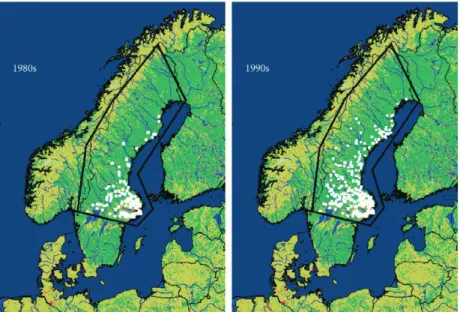 Fig. 6. Changes in the distribution of Ixodes ricinus (white dots) in Sweden indicated by comparison of pre-1980 data with 1994 – 1995 data (reproduced from Lindgren et al., 2000; with permission from Environmental Health Perspectives).