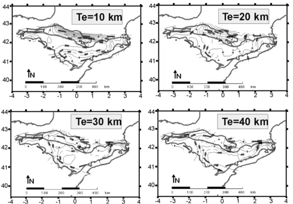 Figure 7. Modelling results for a broken plate with various (constant) T e values (10, 20, 30, 40 km) and a line load of x2r10 12 N m x1 at the northern edge