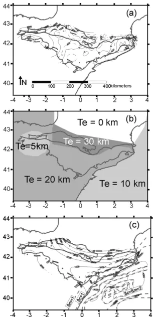 Figure 9. Modelling results for a broken plate with variable T e and a line load of x2r10 12 N m x1 at the northern edge, including the effect of the Valencia Trough rifting (stretching factors modified from Collier et al