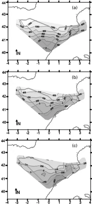 Figure 4. Contour maps of subsidence values derived from well data (Lanaja 1987). The contour interval is 200 m