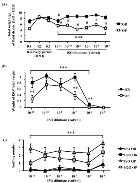 Figure 5.  Influence of obesity on neutral odor sensitivity. (A) Total weight of fluid drunk during the two last recover days after COA installation before the test  period (R2 and R3, recovery period, 2 bottles of water) and for each ISO dilution along th
