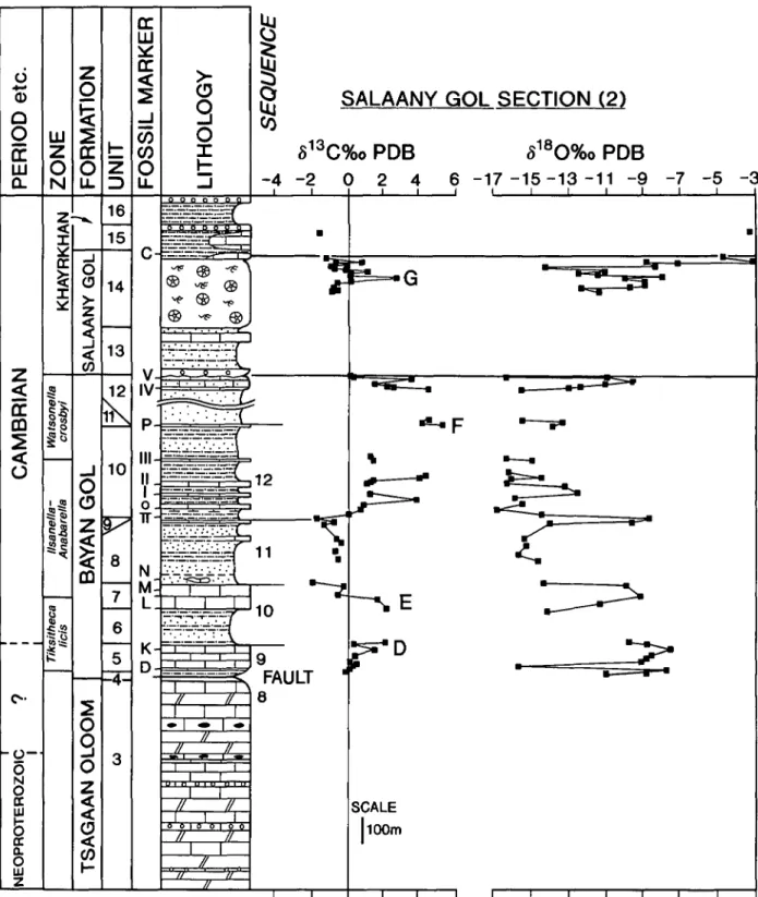 Figure 7. Carbon- and oxygen-isotope stratigraphy of the Salaany Gol ridge section. The suggested positions of carbon isotopic fea- fea-tures 'D' to 'F' are shown