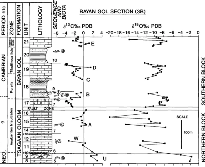 Figure 9. Carbon- and oxygen-isotope stratigraphy of the upper succession at Bayan Gol, northern and southern blocks (section 3 on Fig