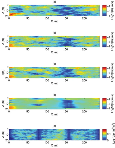 Figure 8. (a) Original ‘true’ high-resolution hydraulic conductivity field from Fig. 2a