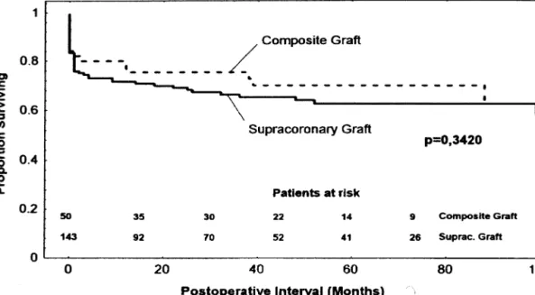 Fig. 1. Survival (Kaplan-Meier) comparing root replacement and supracoronary graft replacement in acute dissection