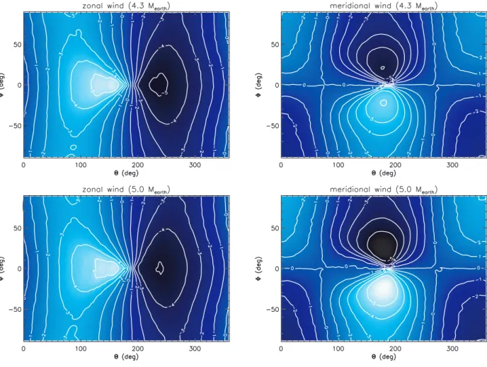 Figure 7. Same as Figs 3 and 4 but for the tidally locked case with M p = 4.3 M ⊕ (top two panels) and M p = 5.0 M ⊕ (bottom two panels).