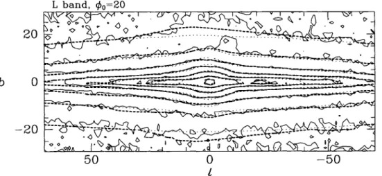 Figure 1. The fit between data (full contours) and model (thick dashed contours) that is obtained after five iterations of the Richardson -Lucy algorithm under the  assumption that  &lt;Po  =  20°