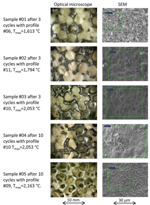 FIG. 5. Different HHC samples after thermal loading pro ﬁ les no. 06, 11, 10, 09. Left column, macroscopic view of the foams after thermal loading.
