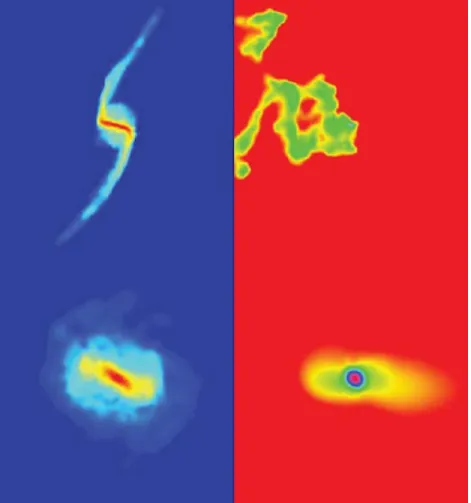 Figure 5. Colour-coded gas density (right) and stellar logarithmic density maps (left) for run Rc4bRC