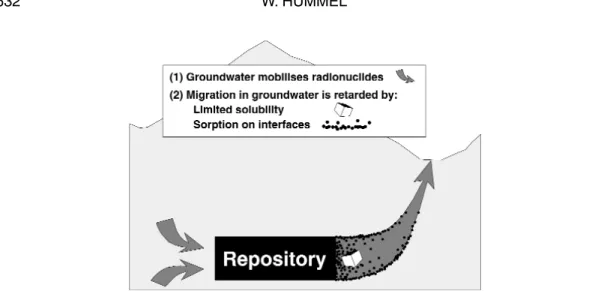 Fig.  1 Simplified  sketch  of  a  geological  repository  showing  the  main  geochemical  processes  concerning radionuclide mobilization and retardation.
