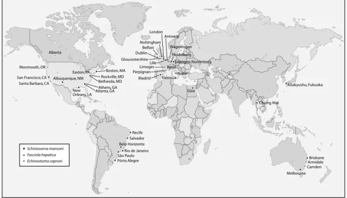 Fig. 1. World map highlighting locations of laboratories, which maintain the life cycles of S
