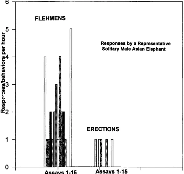Figure 8 Fifteen successive bioassays of 0 5 mM Z7-12 Ac with a representative mature male Asian elephant Rehmen responses/h per bioassay and the number of erections, a physiological behavioral response, are depicted
