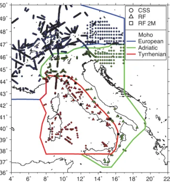 Figure 10. CSS and RF Moho information for the European, Adriatic and Tyrrhenian plates including their relative uncertainties used for the  inter-polation of the Moho topography (shown as grey scale contours)
