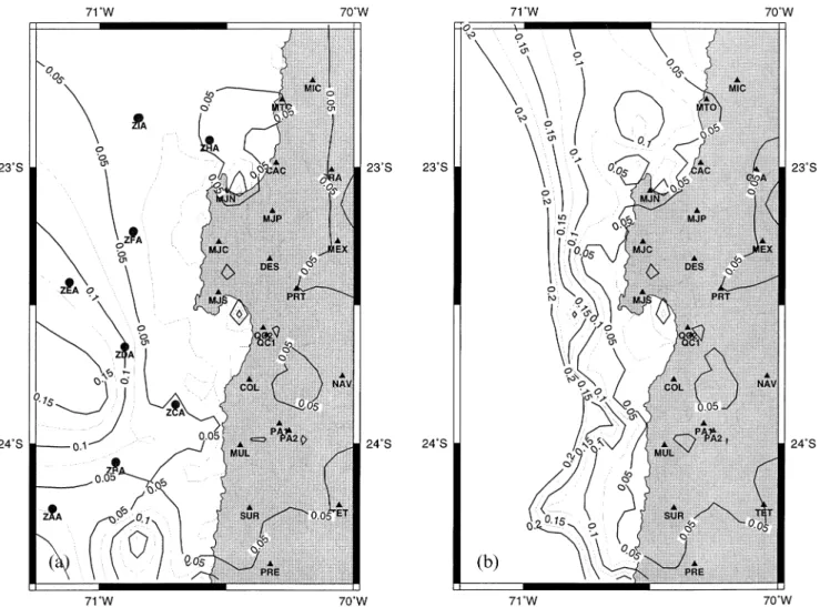 Figure 12. (a) Contour lines of Dirichlet-Spread values for events located with OBHs. The contour interval is 0.025