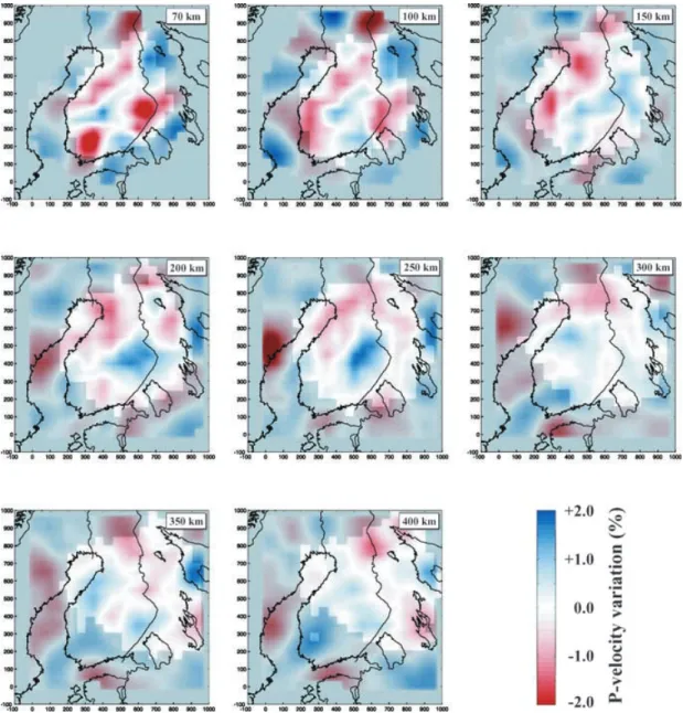 Figure 9. Horizontal sections at different depths (upper right corner, in km) of the recovered upper mantle structure after inverting the observed traveltime residuals without crustal corrections