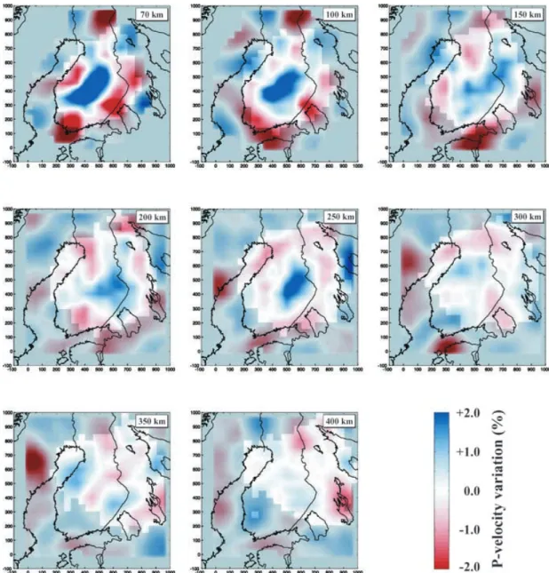 Figure 10. Horizontal sections at different depths (upper right corner, in km) of the recovered upper mantle structure after inverting the observed traveltime residuals with crustal corrections