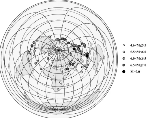 Figure 2. Map showing the 88 teleseismic earthquakes used for the velocity inversion. Dotted circles denote 30 ◦ distance marks from the centre of the SVEKALAPKO array.