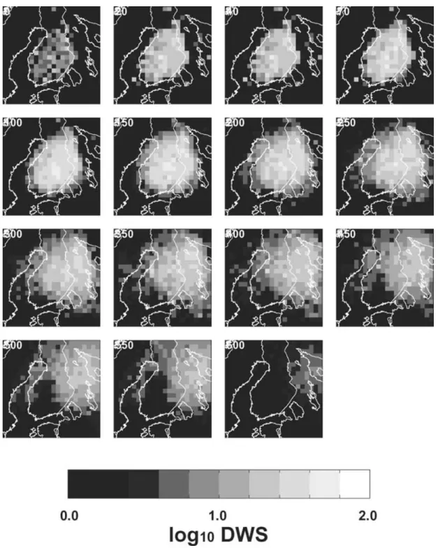 Figure 7. Horizontal sections at different depths (upper left corner, in km) of the derivative weighted sum for the SVEKALAPKO experiment