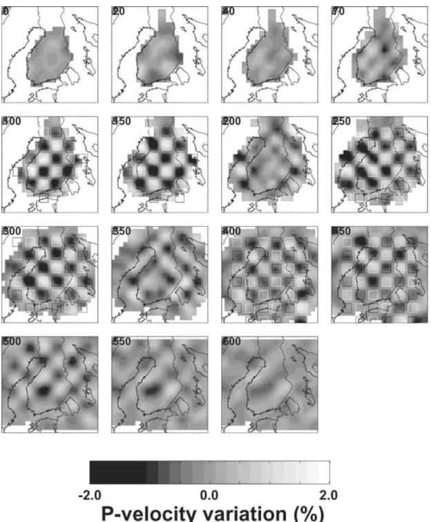 Figure 8. Horizontal sections at different depths (upper left corner, in km) of the sensitivity test performed for the SVEKALAPKO experiment (see text).