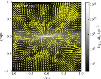 Figure 7. Density map after the merger at τ  17 Myr with velocity field overlaid. The velocity field is generated for a thin slice, while the map is showing a projected column density