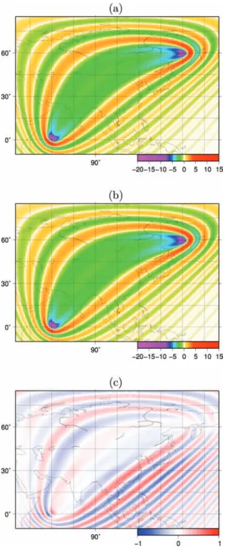 Figure 10. Sensitivity kernels derived with the adjoint method for 150 s Love waves in (a) homogeneous and (b) heterogeneous (Fig