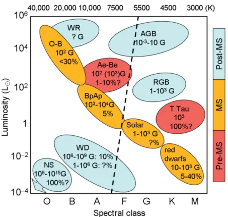 Figure 1. Occurence of magnetic ﬁelds across the H-R diagram in pre-MS, MS, and post-MS stars