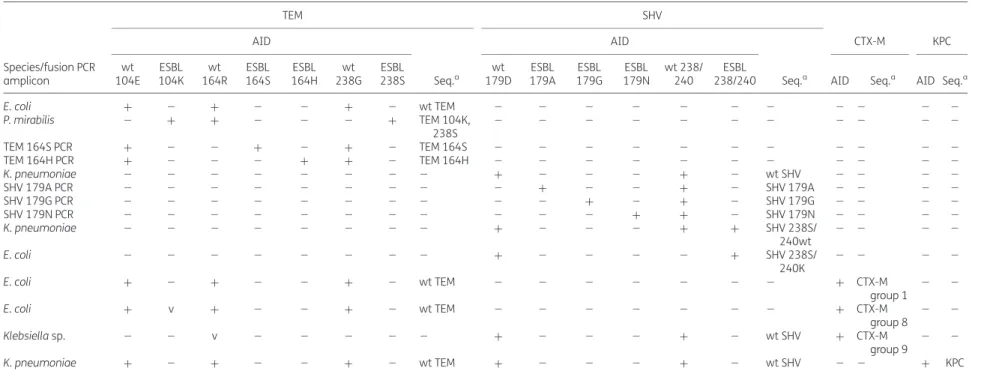 Table 1. Verification analysis of the AID ESBL line probe assay using clinical strains and fusion PCR amplicons TEM SHV AID Seq