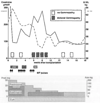 Fig. 1. Course of the patient's disease (top) and administered immunosuppression (bottom)