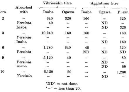Table 4. Vibriocidal and agglutinating activities of sera from patients with infection by Y