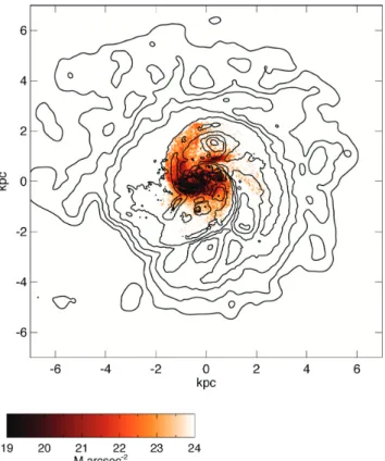 Figure 10. The face-on B-band surface brightness map of the galaxy at z ∼ 1.2, over plotted by an H I contour map