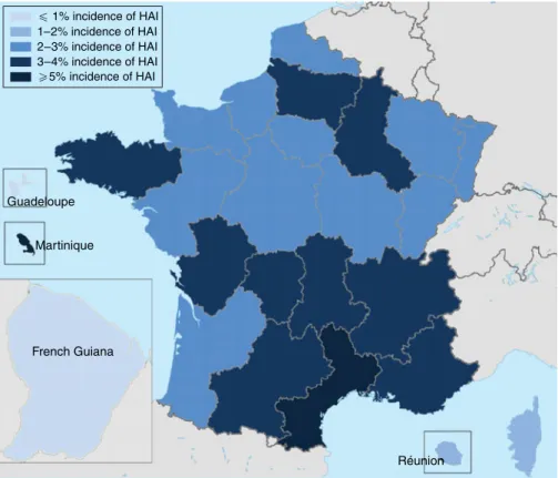 Fig. 2. Incidence of healthcare-associated infection (HAI) following surgery in the 27 regions of France.