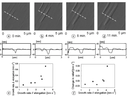 Fig. 2. (a–d) In-situ AFM images in de- de-flection mode and cross sections of an etch pit formed on the basal surface of becquerelite in an HCl solution of pH 2.