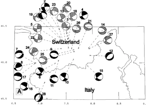 Figure 2. Focal solutions for zone A (28 events): black, computed; grey, collected from literature.
