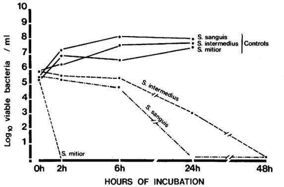 Figure 1. Rate of in vitro killing of Streptococcus intermedius, Streptococcus sanguis, and Streptococcus mitior by 25 JIg of amoxicillin/ml (a concentration similar to serum levels in rats 30 min after a single dose [40 mg/kg of body weight] given iv).