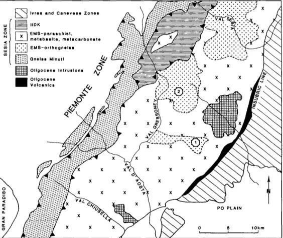 FIG. 1. Geological map of the central Sesia Zone showing the three main tectonic units: Seconda Zona diorito kinzigitica (IIDK), Eclogitic Micaschist Complex (EMS), and Gneiss Minuti (Campagnoni et al^ 1977; Rubie, 1984a)
