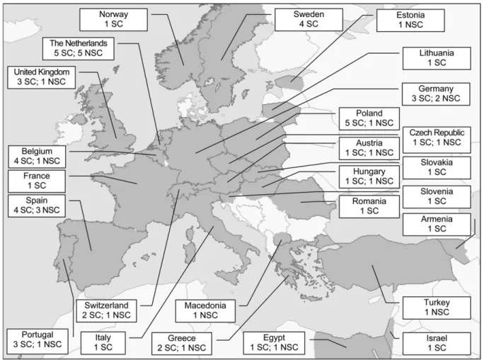 Figure 1 Geographic distribution of 48 specialist centres and 23 non-specialist centres participating in this survey.