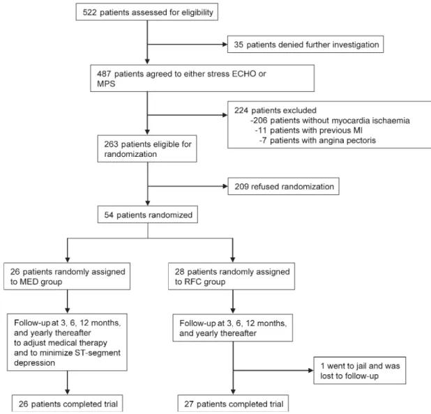 Figure 1 shows the patient screening, selection, and ran- ran-domization processes. Between 1992 and 1996, 522 subjects with asymptomatic ST-segment depression during bicycle ergometry, with at least one cardiovascular risk factor, and without a history of