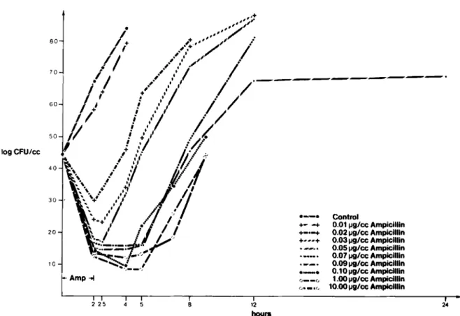 Figure 1. Effect of exposure for 2 hr to different concentrations of ampicillin on growth curves of S pneumoniae in broth