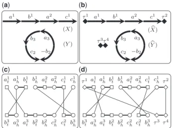 Fig. 2. (a) Two genomes X and Y. (b) The genomes X ^ and Y ^ after adding cap- cap-ping genes, where capcap-ping genes are represented by diamonds