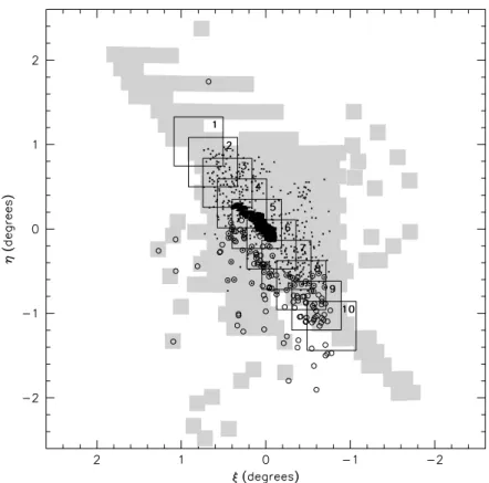 Figure 11. Positions of other surveys with respect to the PN.S survey. The PN.S survey area is shown in grey; Local Group Survey fields (M02) are the large fields with solid outlines; the Ciardullo et al