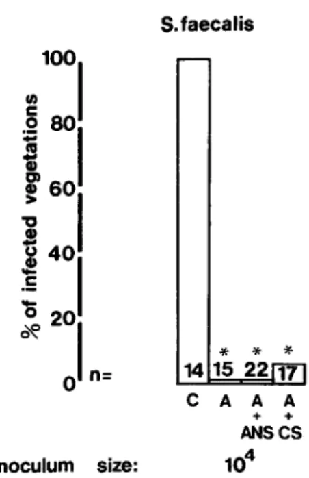 Figure 5. Incidence of endocarditis in rats challenged with 1()4 cfu of S. faecalis and given saline (C), amoxicillin alone (A),  amox-icillin plus anti-rat neutrophil serum (A + ANS), or amoxicillin plus control serum (A+CS)