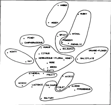 Fig. 6. The 10 groups of olfactory notes obtained using ascending hierarchical taxonomy drawn on the non- non-linear map.