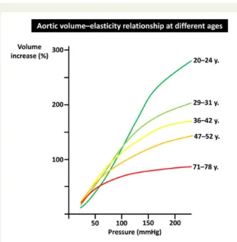 Figure 2 Age dependency of the aortic volume – pressure rela- rela-tionship. With increasing age, volume expansion results in a  mark-edly larger increase of aortic pressure, reflecting the increasing vascular rigidity associated with ageing [modified from
