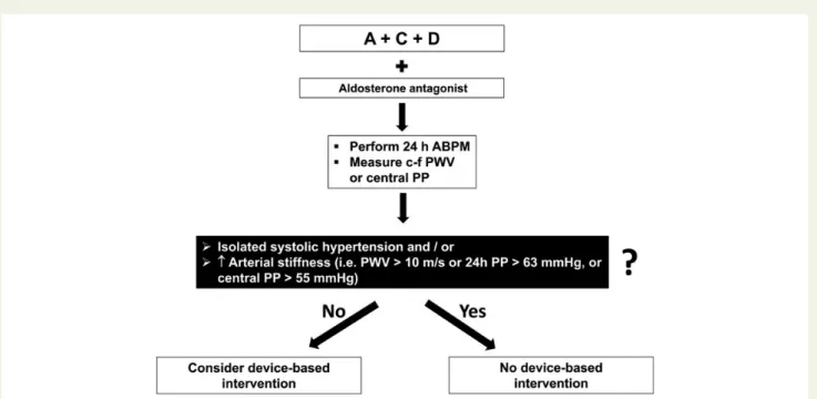 Figure 4 Screening for device-based interventions. Patients remaining hypertensive under therapy with the combination A + C + D plus an aldosterone antagonist should undergo 24 h ABPM and arterial stiffness assessment