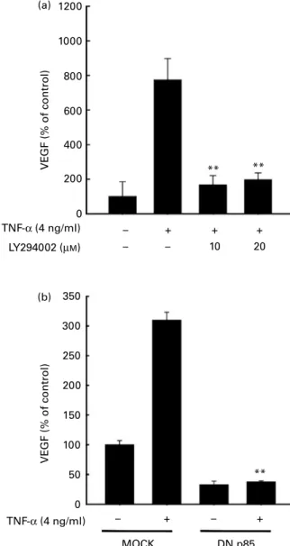 Fig. 5. Activation of phosphoinositide 3-kinase (PI3K) is required for TNF-a- TNF-a-induced vascular endothelial growth factor (VEGF) expression