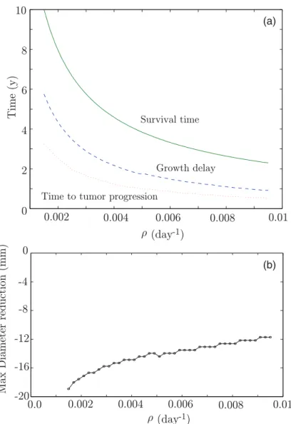 Fig. 2. Dependence of the (a) ST (solid line), GD (dashed line), TTP (dotted line) and (b) maximal reduction in diameter as a function of ρ 